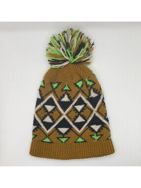 Geometric Knit Beanie Hat w/ Pom-Pom Acrylic One Size  Adults winter Snow